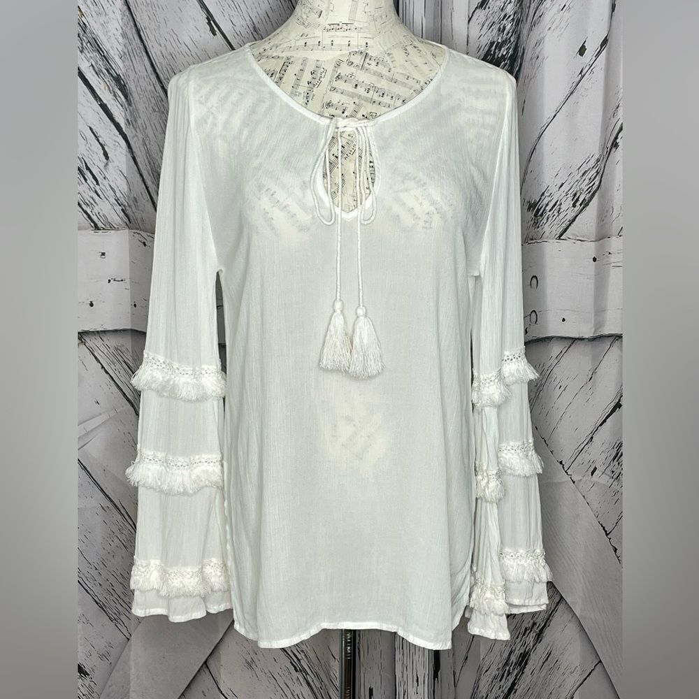 White Crow top/blouse fringe trim Size XS